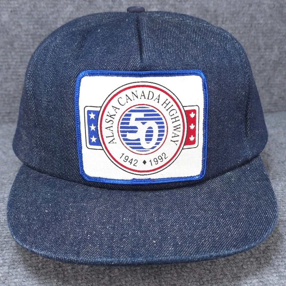 Vintage Alaska Canada Highway Hat Cap Snapback Blue Denim Foam 50th Anniversary